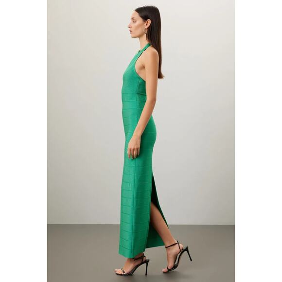 HERVE LEGER Kelly Green Halter Bandage Maxi Dress Gown Bodycon Size XS Ret $1100 - Picture 3 of 13